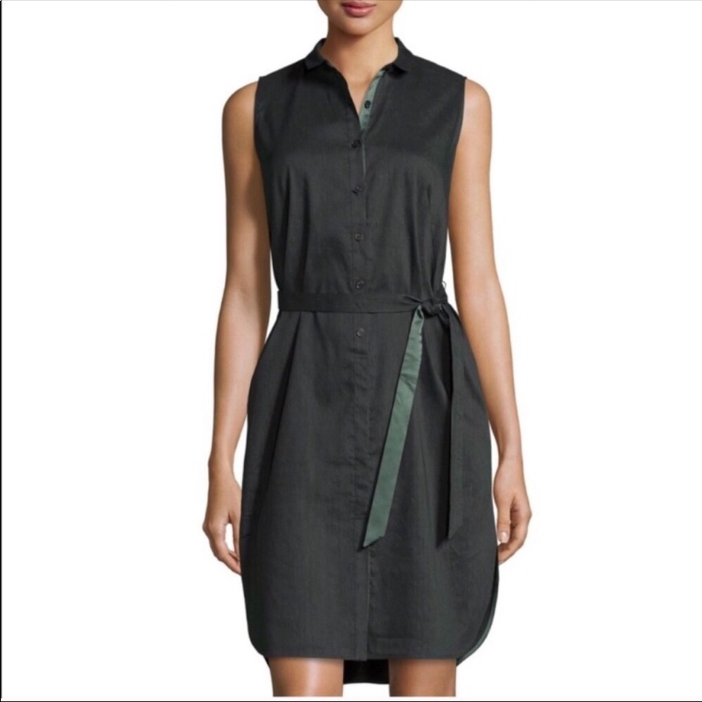 Lafayette 148 New York Sleeveless Black Shirt Dress with Green Ribbon